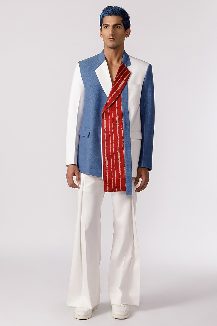 Multi-Colored Jacquard Denim Asymmetric Blazer by Line Outline at Pernia's Pop Up Shop