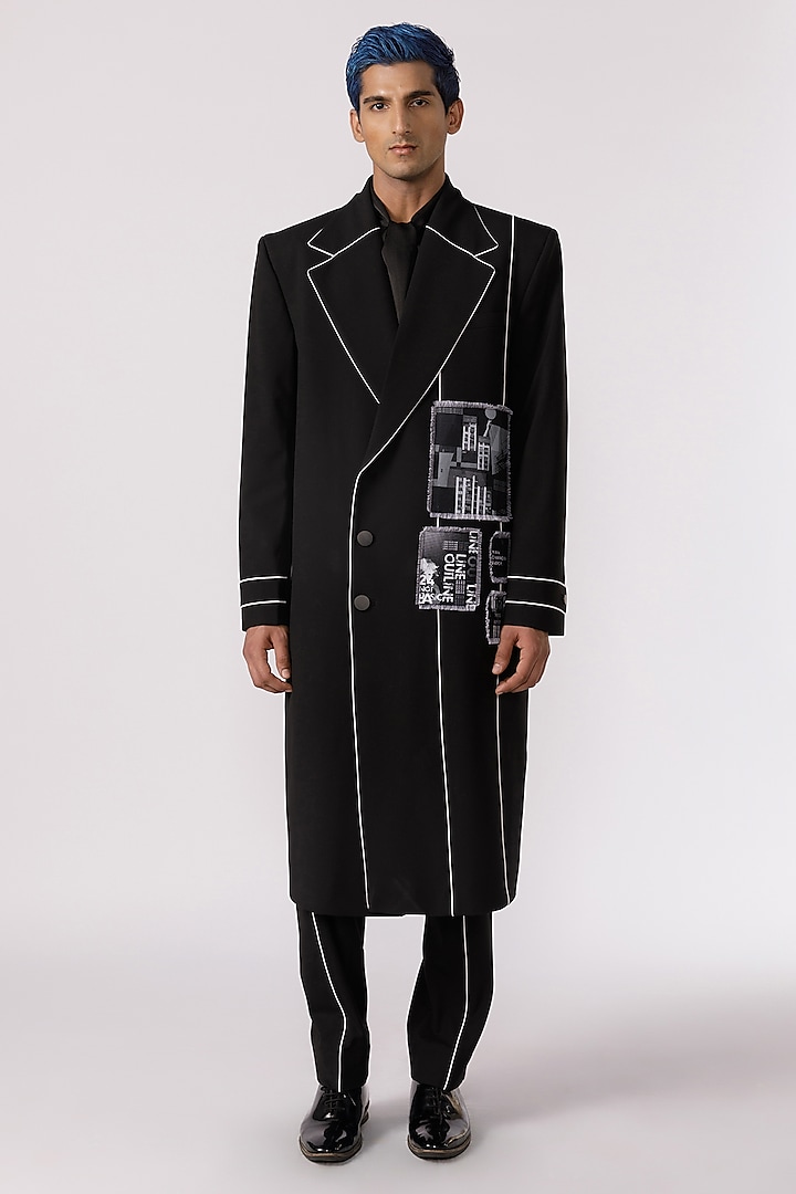 Black Cotton Poly Stretch Patch Printed Trench Coat by Line Outline