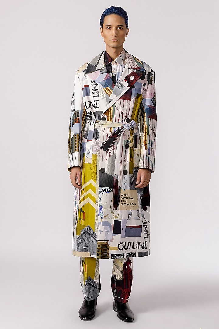 Off-White Cotton Twill Mosaic Printed Trench Coat With Belt by Line Outline