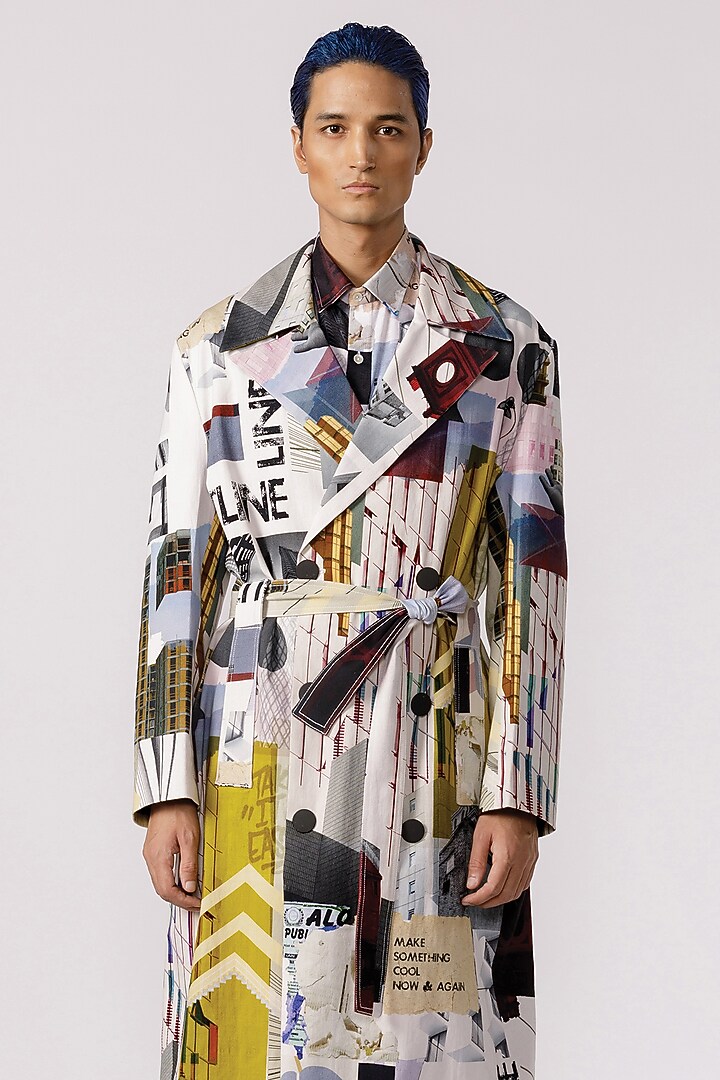 Off-White Cotton Twill Mosaic Printed Trench Coat With Belt by Line Outline at Pernia's Pop Up Shop