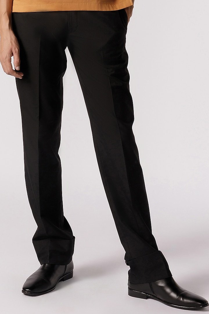 Black Cotton Straight-Fit Cuffed Pants by Line Outline at Pernia's Pop Up Shop