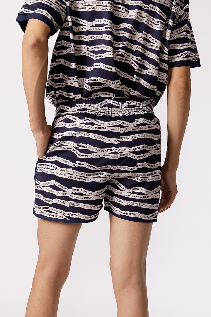 Navy Blue Cotton Satin Curve Printed Shorts by Line Outline at Pernia's Pop Up Shop