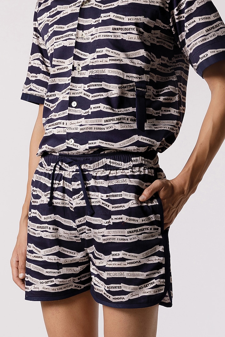 Navy Blue Cotton Satin Curve Printed Shorts by Line Outline at Pernia's Pop Up Shop