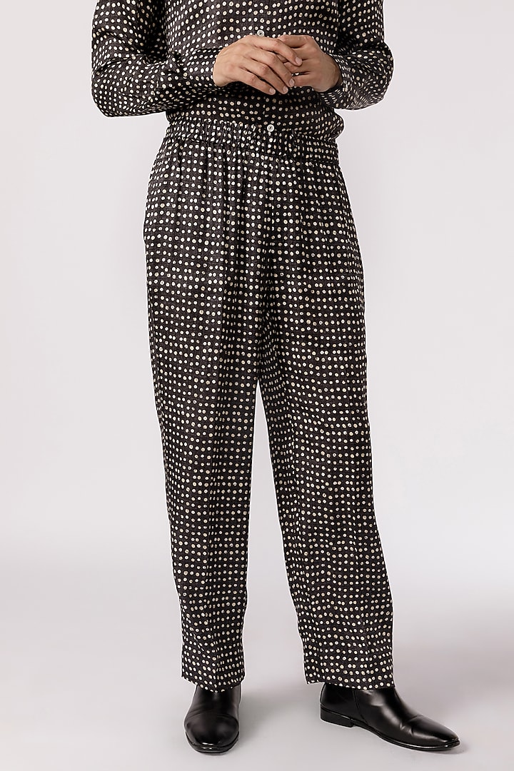 Black Bamboo Silk Polka Dot Printed Pyjama Pants by Line Outline