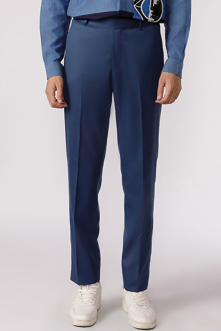 Teal Blue Cotton Straight-Fit Pants by Line Outline