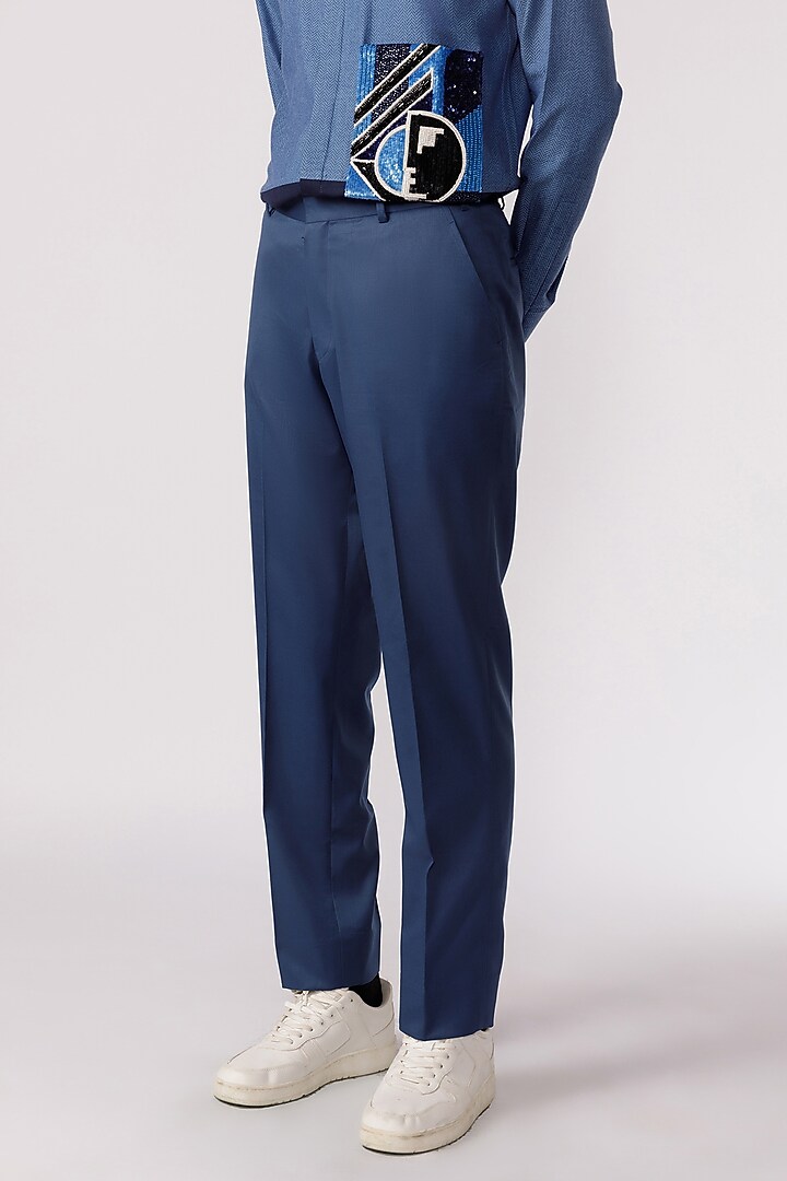 Teal Blue Cotton Straight-Fit Pants by Line Outline at Pernia's Pop Up Shop