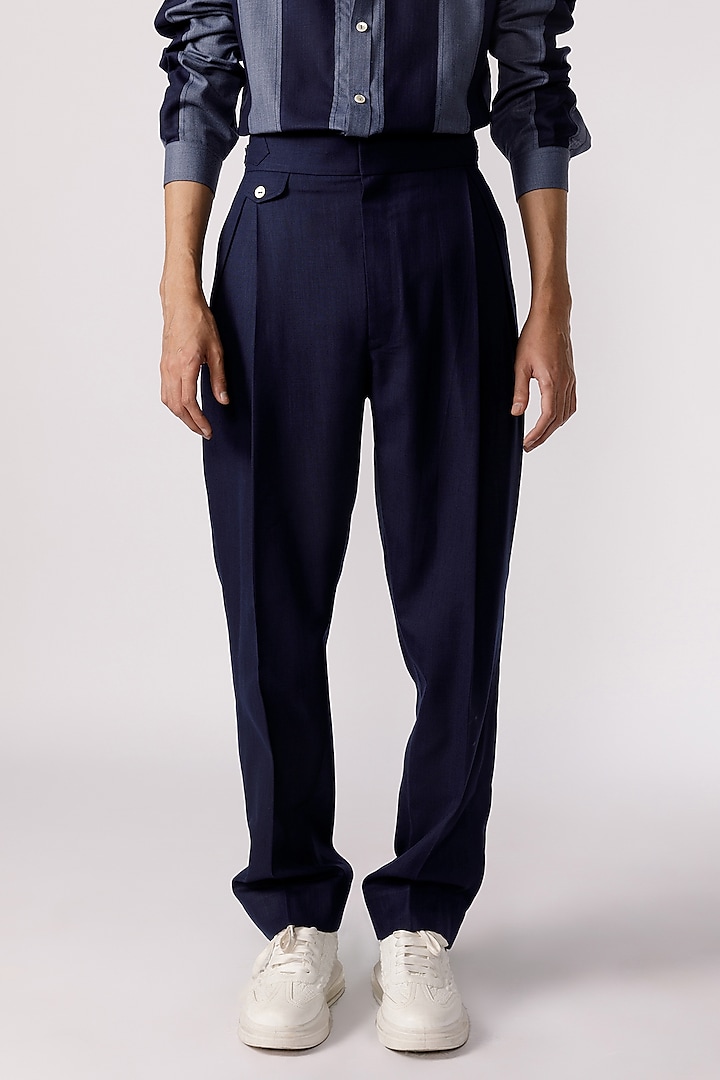 Navy Blue Cotton Pleated Baggy Pants by Line Outline at Pernia's Pop Up Shop