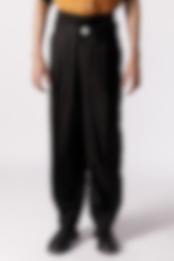 Black Cotton Double-Waisted Baggy Pants by Line Outline