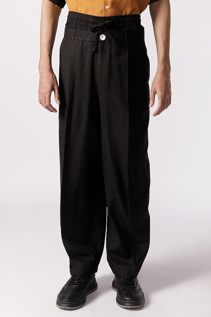 Black Cotton Double-Waisted Baggy Pants by Line Outline