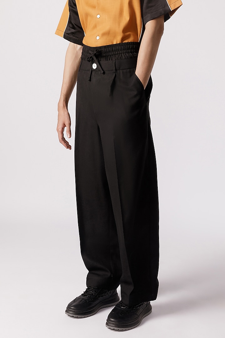 Black Cotton Double-Waisted Baggy Pants by Line Outline at Pernia's Pop Up Shop