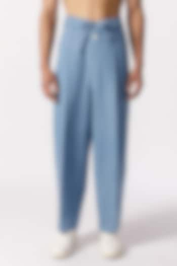 Light Blue Cotton Double-Waisted Baggy Pants by Line Outline