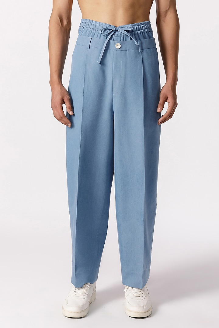 Light Blue Cotton Double-Waisted Baggy Pants by Line Outline