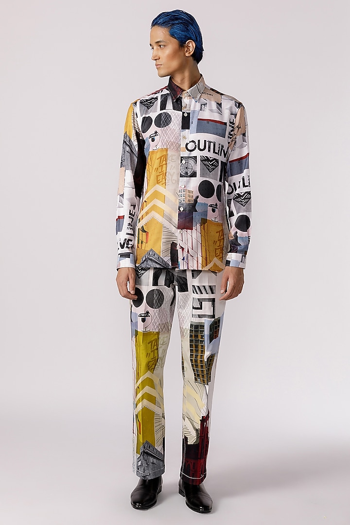 Off-White Cotton Twill Mosaic Printed Straight-Fit Pants by Line Outline