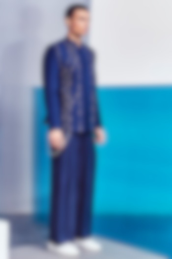 Navy Blue Wedding Bandhgala Jacket With Hand Embroidery by Line Outline at Pernia's Pop Up Shop