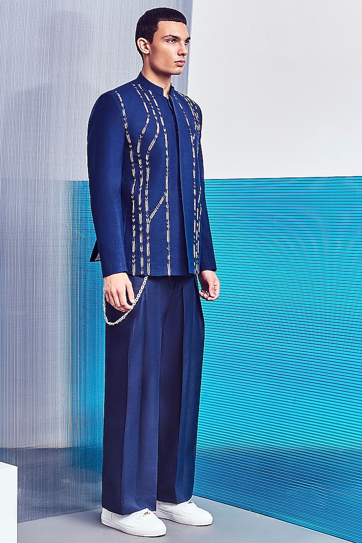 Navy Blue Wedding Bandhgala Jacket With Hand Embroidery by Line Outline at Pernia's Pop Up Shop