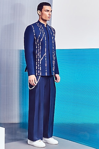 Navy Blue Bandhgala Jacket With Hand Embroidery by Line Outline