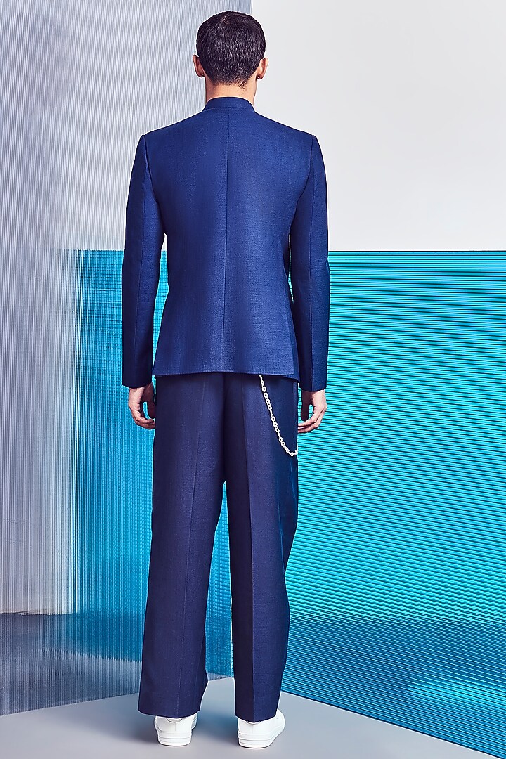 Navy Blue Wedding Bandhgala Jacket With Hand Embroidery by Line Outline at Pernia's Pop Up Shop