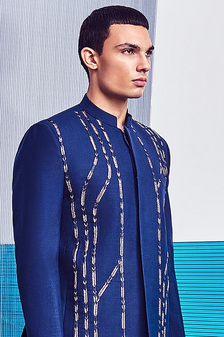 Navy Blue Wedding Bandhgala Jacket With Hand Embroidery by Line Outline at Pernia's Pop Up Shop