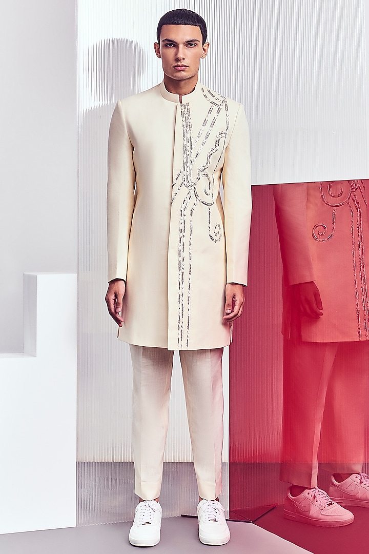 Cream Hand Embroidered Sherwani by Line Outline