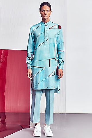 Light Blue Cotton Satin Kurta by Line Outline
