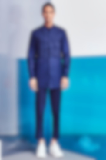 Navy Blue Hand Embroidered Short Kurta by Line Outline at Pernia's Pop Up Shop