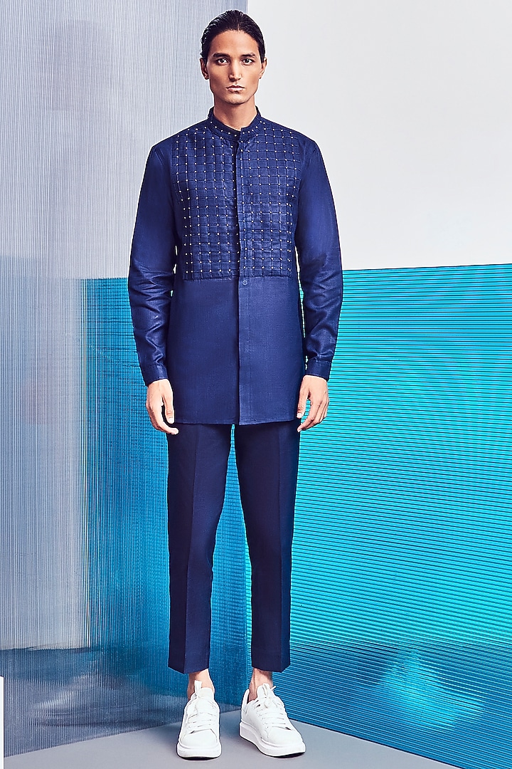 Navy Blue Hand Embroidered Short Kurta by Line Outline at Pernia's Pop Up Shop