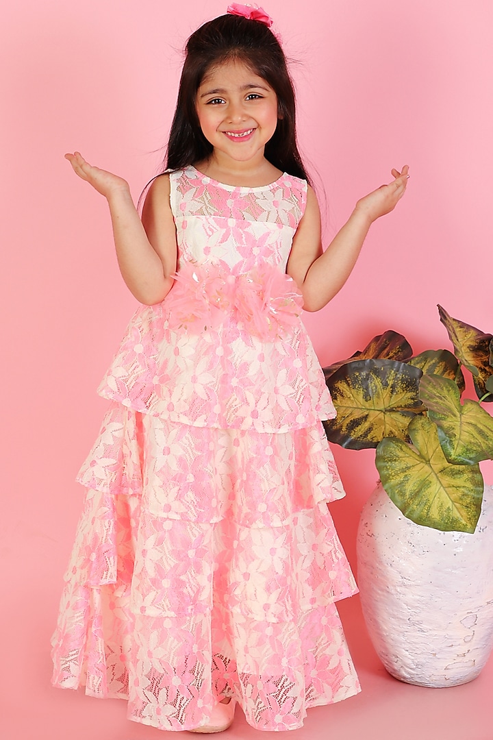 Pink Lace Floral Printed Layered Gown For Girls by Lil Peacock at Pernia's Pop Up Shop