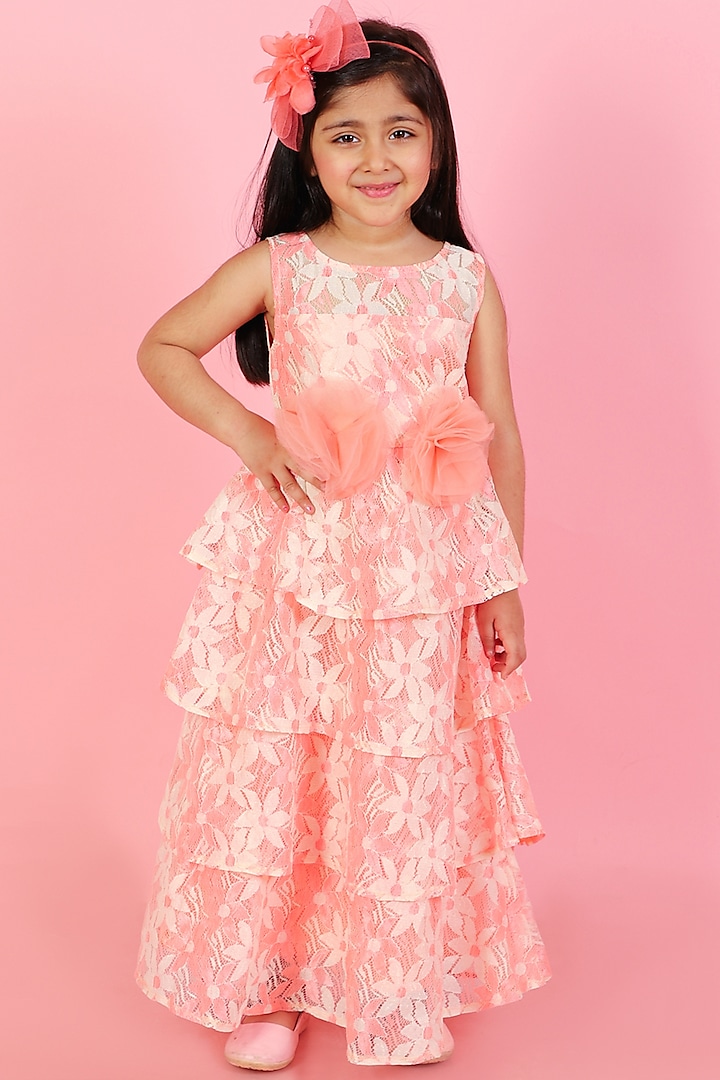 Pink Lace Floral Printed Layered Gown For Girls by Lil Peacock at Pernia's Pop Up Shop