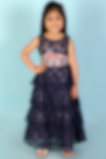 Navy Blue Lace Floral Printed Layered Gown For Girls For Girls by Lil Peacock at Pernia's Pop Up Shop