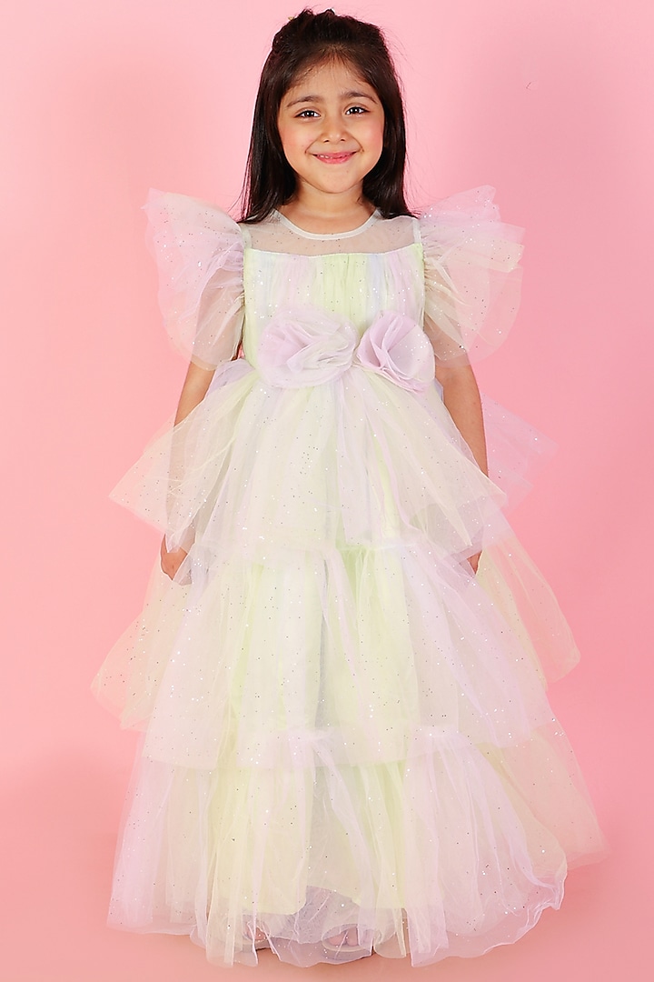 Sea Green Net Layered Gown For Girls by Lil Peacock