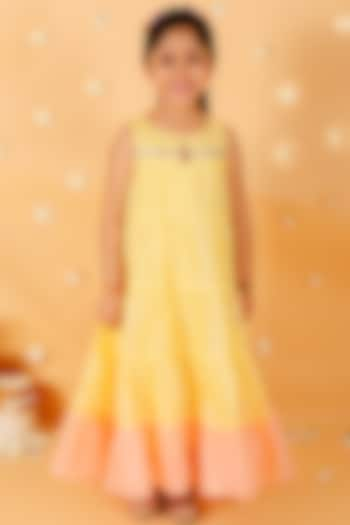 Yellow Chanderi Foil Printed Tiered Gown For Girls by Lil Peacock at Pernia's Pop Up Shop