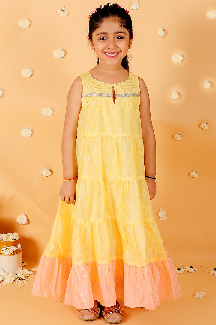 Yellow Chanderi Foil Printed Tiered Gown For Girls by Lil Peacock at Pernia's Pop Up Shop