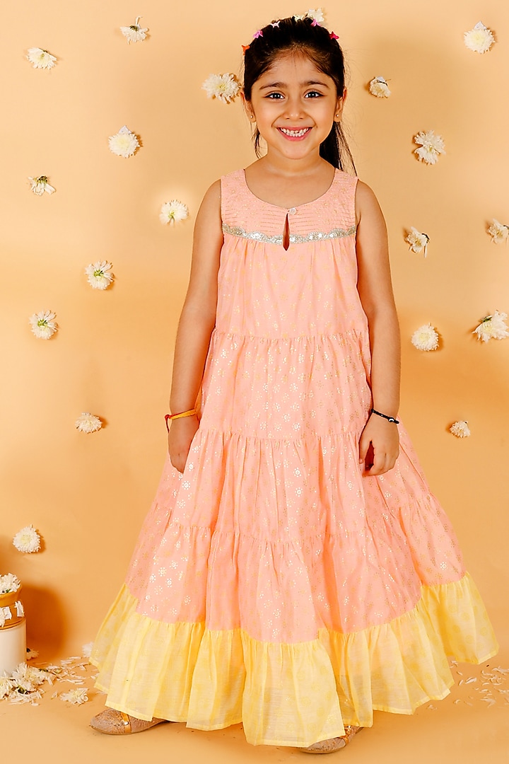 Peach Chanderi Foil Printed Tiered Gown For Girls by Lil Peacock at Pernia's Pop Up Shop