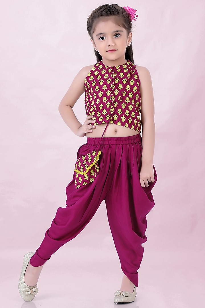 Magenta Rayon Dhoti Set For Girls by Lil Peacock