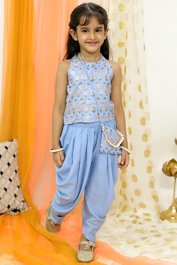 Sky Blue Rayon Dhoti Set For Girls by Lil Peacock