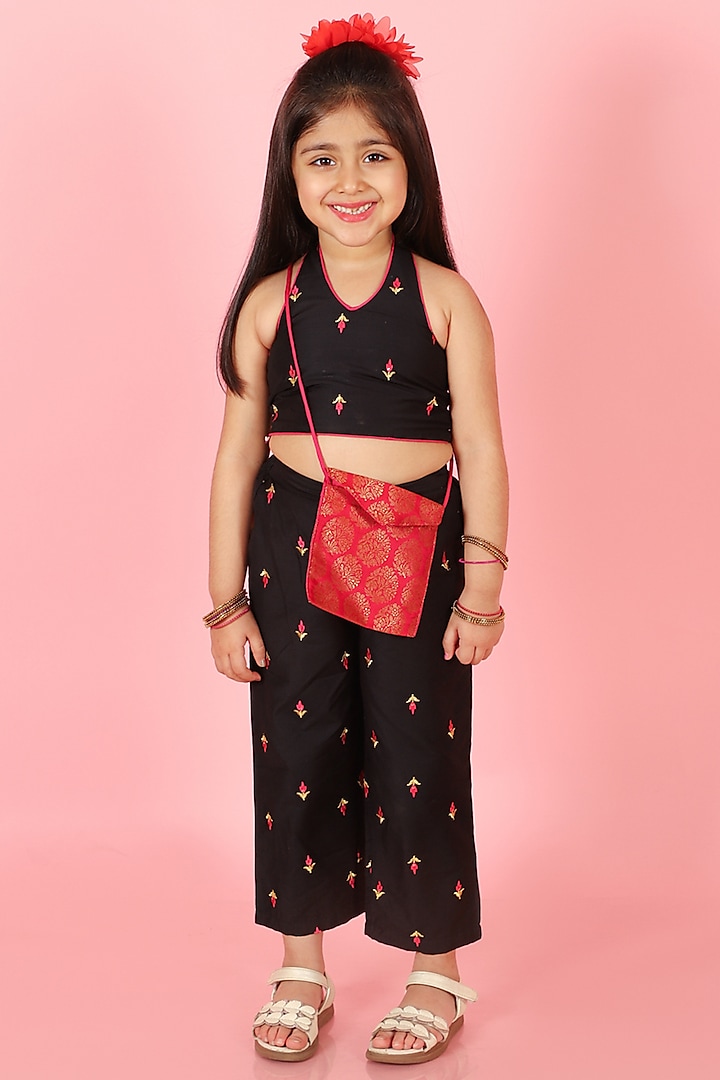 Black Cotton Silk Embroidered Palazzo Pant Set For Girls by Lil Peacock
