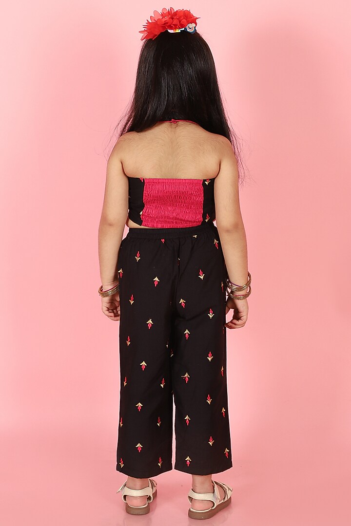Black Cotton Silk Embroidered Palazzo Pant Set For Girls by Lil Peacock at Pernia's Pop Up Shop