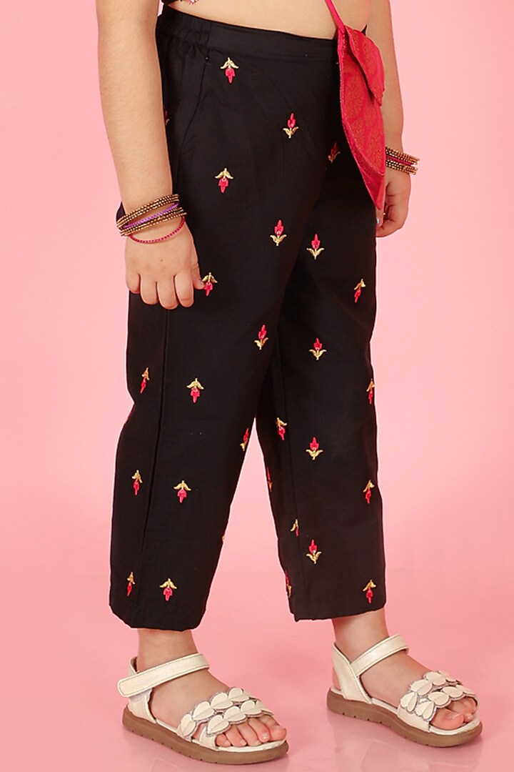 Black Cotton Silk Embroidered Palazzo Pant Set For Girls by Lil Peacock at Pernia's Pop Up Shop