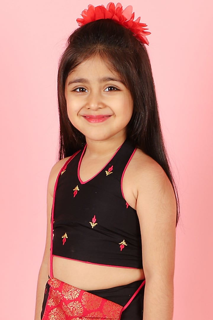 Black Cotton Silk Embroidered Palazzo Pant Set For Girls by Lil Peacock at Pernia's Pop Up Shop
