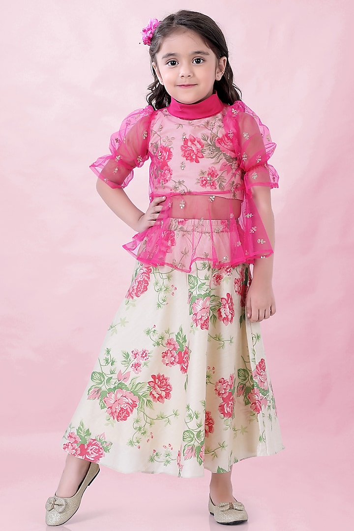 White Cotton Silk Floral Printed Lehenga Set For Girls by Lil Peacock