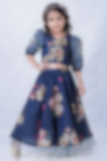 Navy Blue Chanderi Floral Printed Lehenga Set For Girls by Lil Peacock