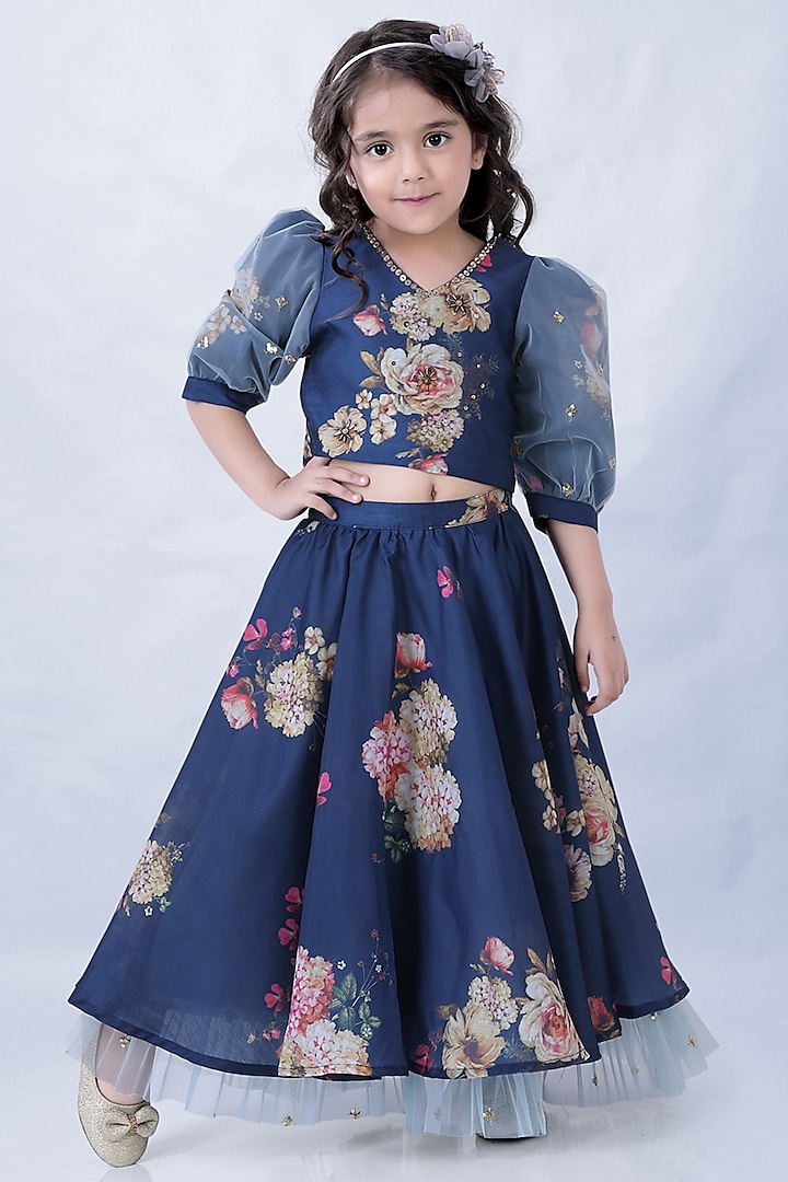 Navy Blue Chanderi Floral Printed Lehenga Set For Girls by Lil Peacock