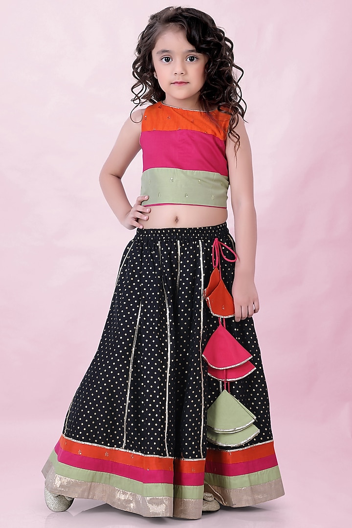 Black Chanderi Gota Embroidered Lehenga Set For Girls by Lil Peacock at Pernia's Pop Up Shop