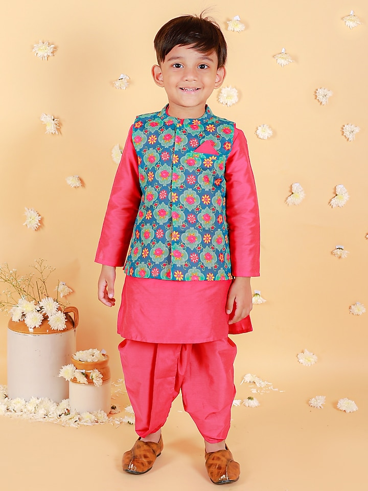 Blue Chanderi Floral Printed Nehru Jacket Set For Boys by Lil Peacock