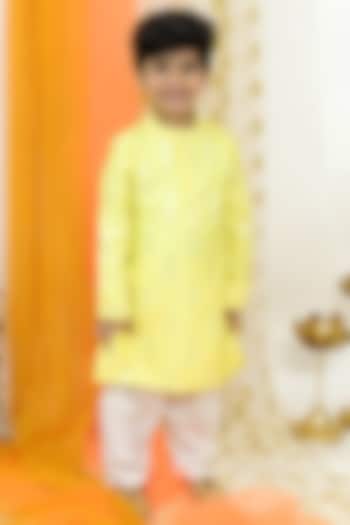 Yellow Cotton Silk Mirror Embroidered Kurta Set For Boys by Lil Peacock