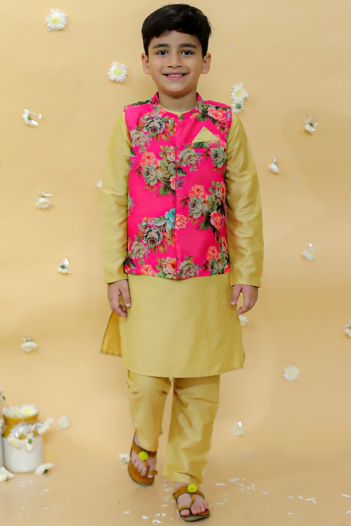 Pink Chanderi Floral Printed Nehru Jacket Set For Boys by Lil Peacock