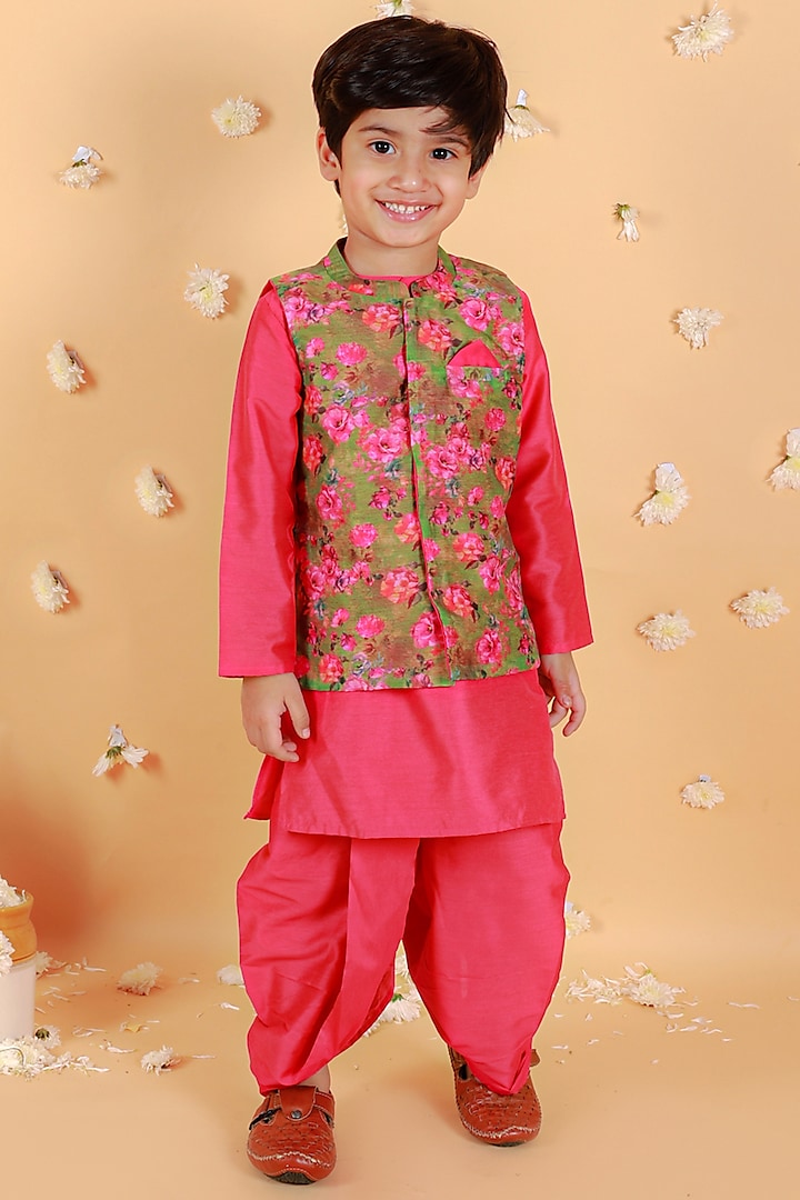 Green Chanderi Floral Printed Nehru Jacket Set For Boys by Lil Peacock