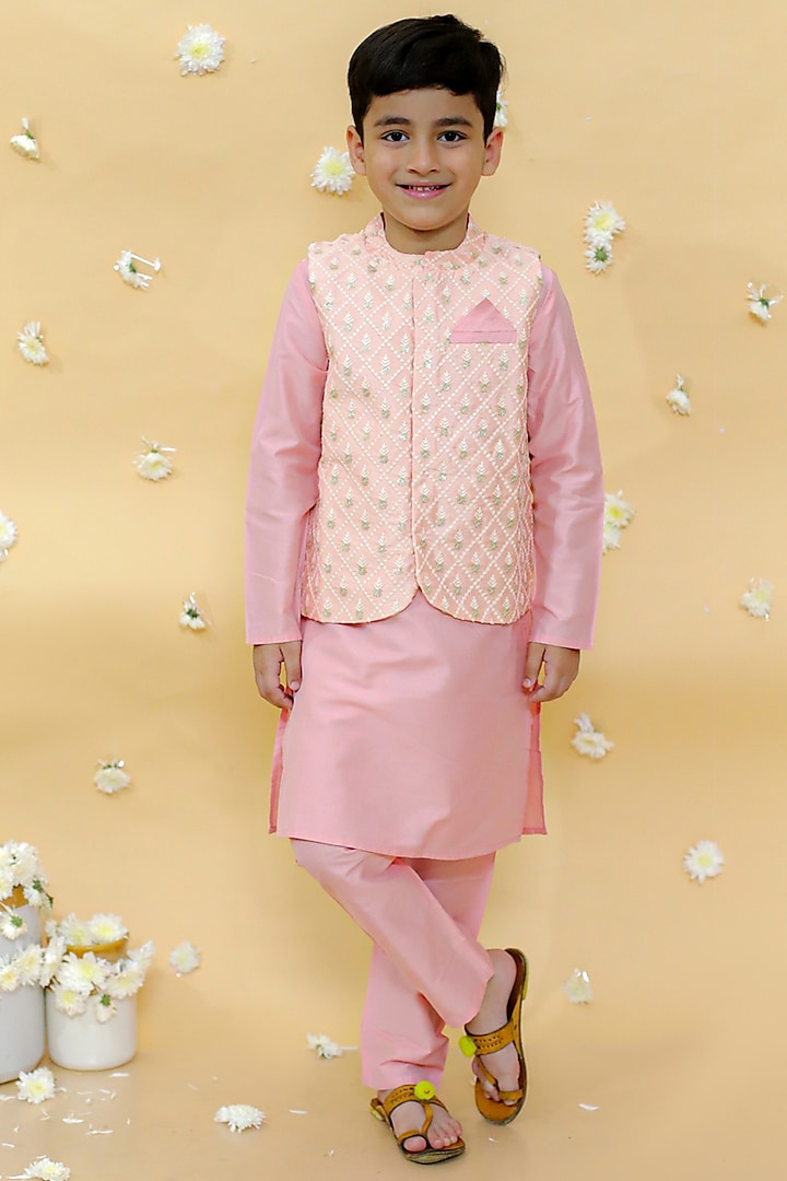 Pink Viscose Silk Chikankari Embroidered Nehru Jacket Set For Boys by Lil Peacock