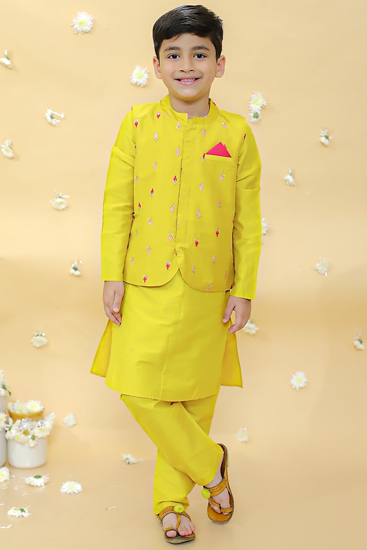 Yellow Brocade Nehru Jacket Set For Boys by Lil Peacock