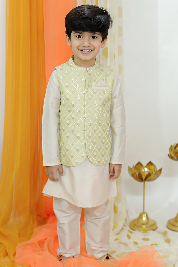 Off-White Cotton Silk Embroidered Nehru Jacket Set For Boys by Lil Peacock